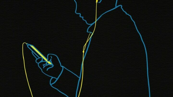 Illustration Mann gezeichnet mit blauer Linie und einem Handy und Kopfhörern mit gelber Linie vor schwarzem hintergrund