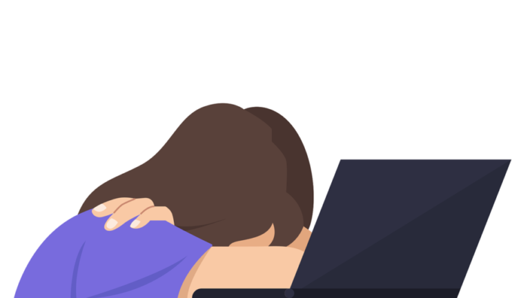 Illustration Frau legt Kopf auf Arme vor Laptop
