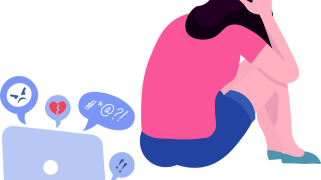 Fake News & Hatespeech - Illustration Frau weggedreht vor Laptop Thema Mobbing und Hatespeech