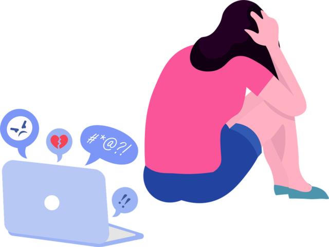 Fake News & Hatespeech - Illustration Frau weggedreht vor Laptop Thema Mobbing und Hatespeech