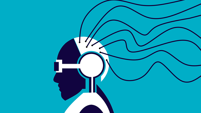 Illustration einer Person mit Kopfhörern und einer Haube die mit Kabeln verbunden ist. Beispielhaft für das Metaverse.