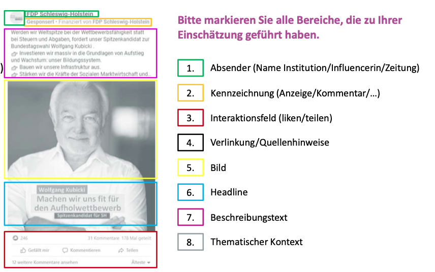 Bestandteile eines Posts, anhand derer die Teilnehmer ihre Einschätzung treffen können, ob es sich um Werbung handelt