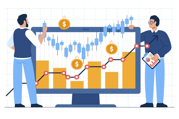 Illustration zweie Männer an einem Bildschirm mit positiven Trendlinien
