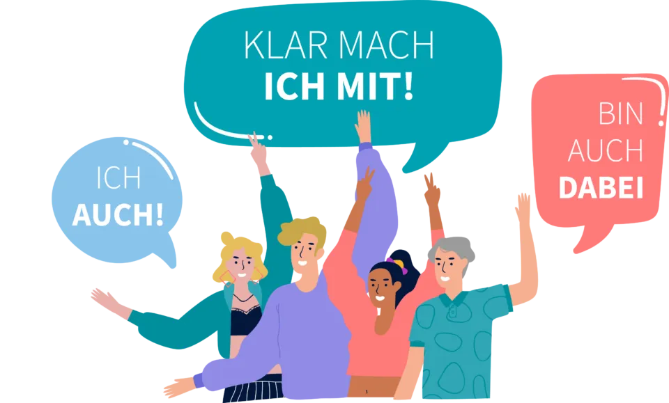Illustration von vier Personen und unserem Slogan "Klar mach ich mit"