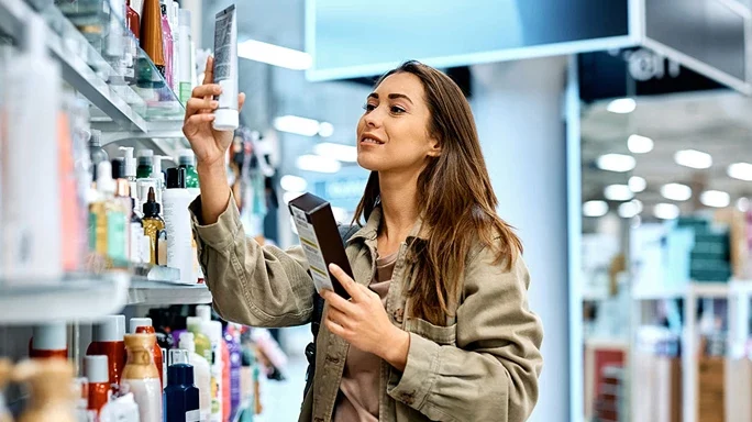 Junge Frau vorm Drogerieregal mit Produkt in der Hand