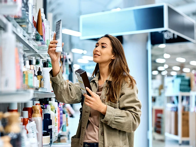 Junge Frau vorm Drogerieregal mit Produkt in der Hand