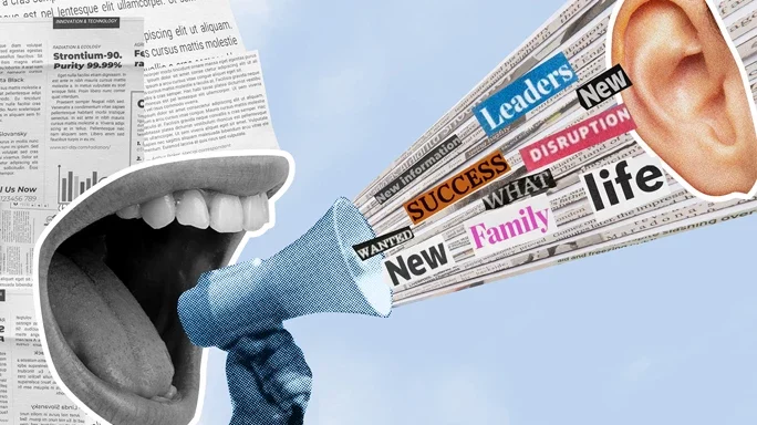 Stilisierte Zeitung, die mit einem Megafon Stichworte "schreit"