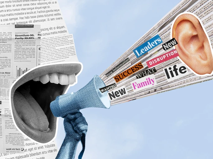 Stilisierte Zeitung, die mit einem Megafon Stichworte "schreit"