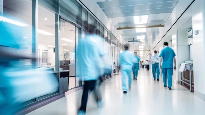 Krankenhausreform - Man sieht einen Flur mit Personen in einem Krankenhaus in der Unschärfe