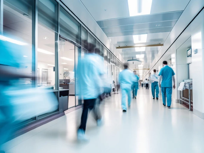 hospital Krankenhausreform - Man sieht einen Flur mit Personen in einem Krankenhaus in der Unschärfe