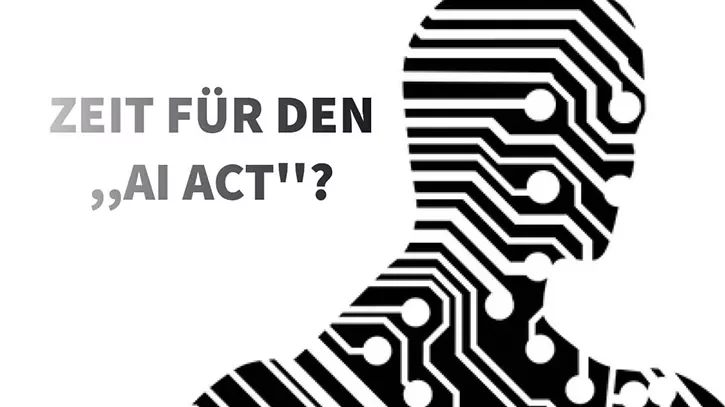 Stilisierter Kopf in elktronischen Leitungen und der Schrift "Zeit für den AI-Act?"