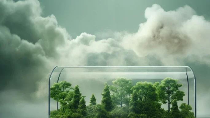 Ein Wald in einem Glascontainer. Außerhalb sind dunkle Wolken zu sehen.