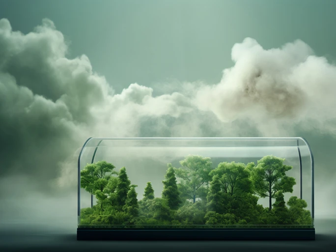 Ein Wald in einem Glascontainer. Außerhalb sind dunkle Wolken zu sehen.