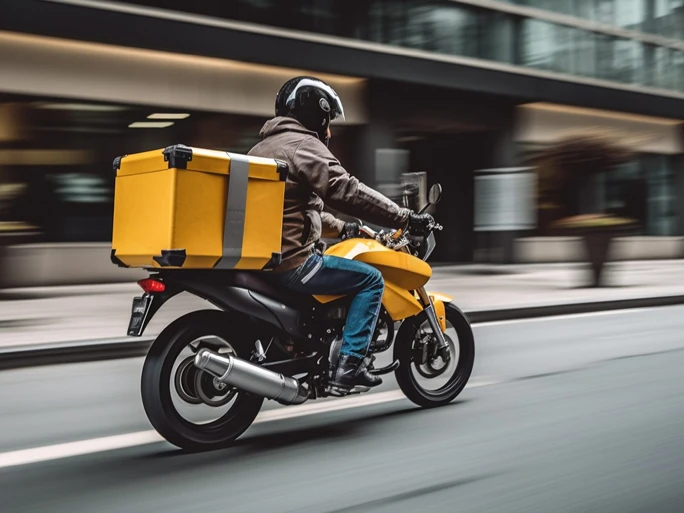 Lieferdienste - Man sieht einen Leiferanten auf einem Motorrad mit gelber Lebensmittelbox auf dem Gepäckträger