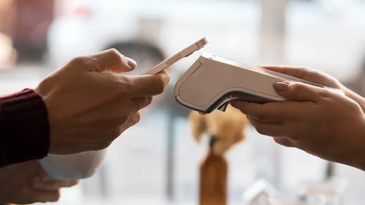 Perosn zahlt per Handy an einem mobilen EC-Gerät