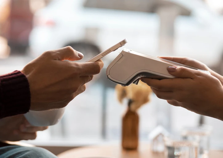 Perosn zahlt per Handy an einem mobilen EC-Gerät