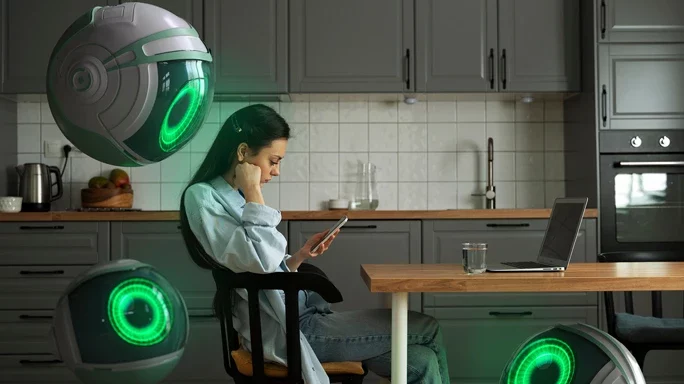 Bild zum Thema Sprachassistenten. Frau sitzt am Küchentisch und schaut ins Handy. Sie wird von drei grünen Robotter-Augen beobachtet.