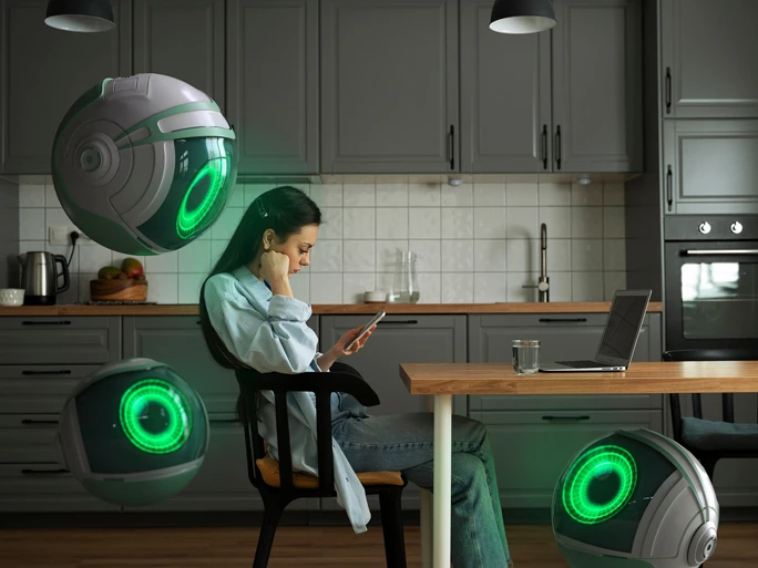 Bild zum Thema Sprachassistenten. Frau sitzt am Küchentisch und schaut ins Handy. Sie wird von drei grünen Robotter-Augen beobachtet.