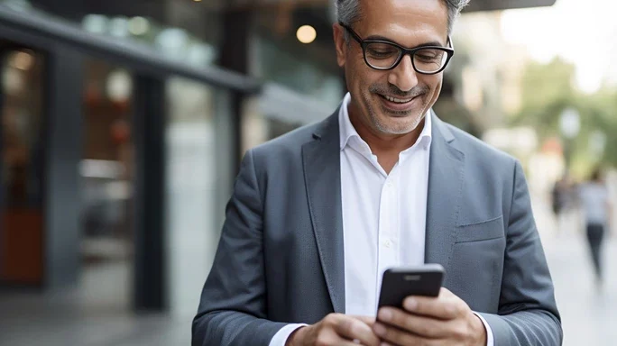 Business-Mann schaut schmunzelnd in sein Handy