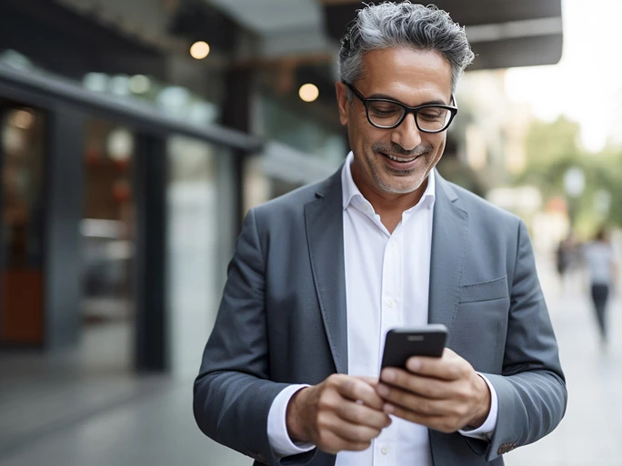 Business-Mann schaut schmunzelnd in sein Handy