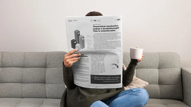 Person sitzt mit Zeitung und Kaffee auf der Couch
