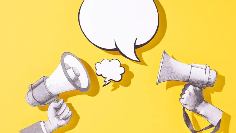 Illustration mit zwei Händen, die Megaphone in den Händen halten. In der Mitte sieht man zwei Sprechblasen.