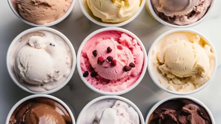 9 kleine Eisbecher mit jeweils einer Kugel Eisreme in diversen bunten Sorten.