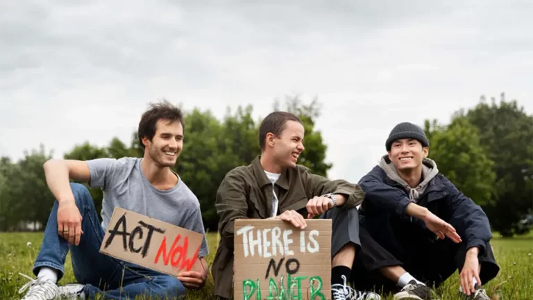 3 Jugendliche Klima-Demonstranten mit Schildern und den Aufschriften "Act now" und "There's no Planet B".