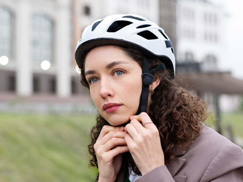 Eine Frau mit lockigem braunem Haar setzt sich einen Fahrradhelm auf.