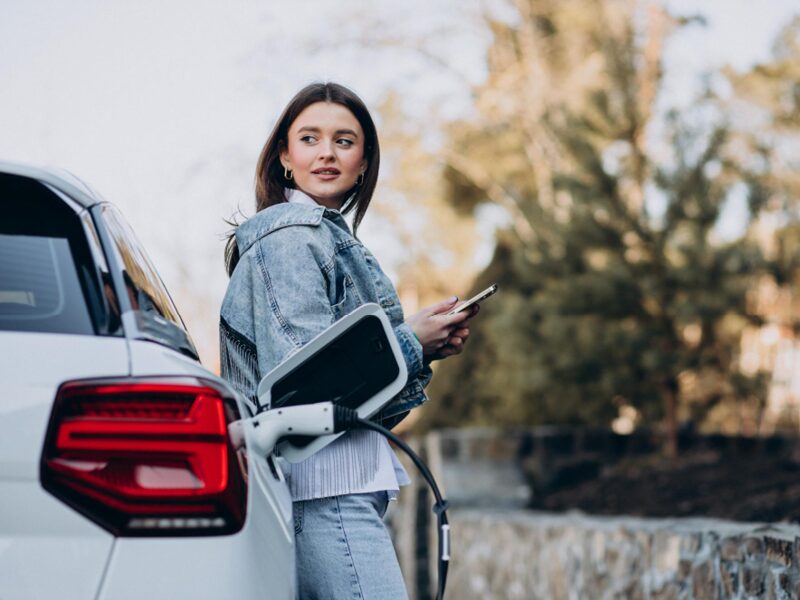 Eine Frau lehnt sich entspannt an ein Auto, das gerade an einer Ladestation angeschlossen ist.