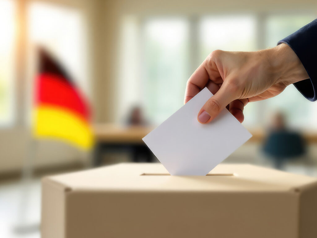 Hand schmeißt Wahlzettel in Wahlurne, Deutschlandflagge unscharf im Hintergrund