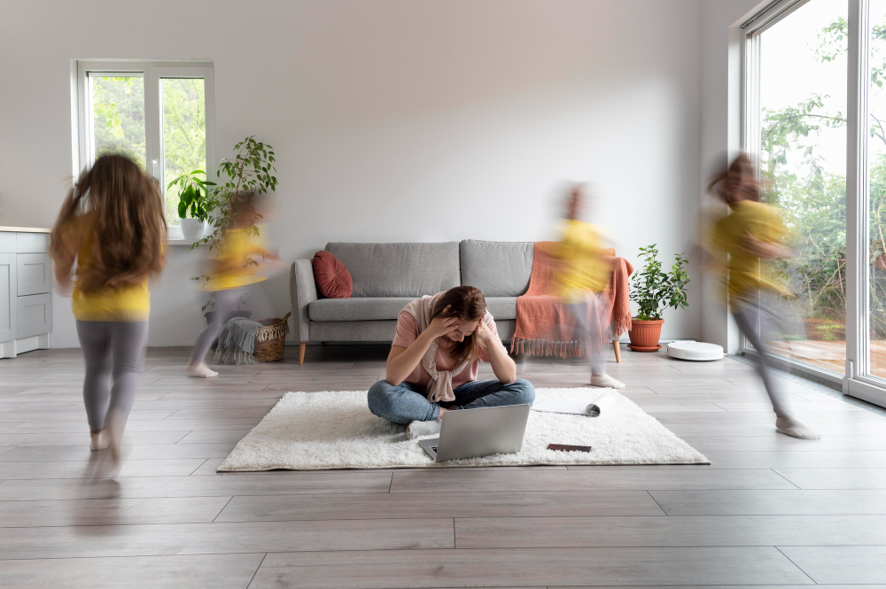 Familie im Wohnzimmer: Mutter arbeitet am Laptop, Kind rennt verschwommen vorbei.