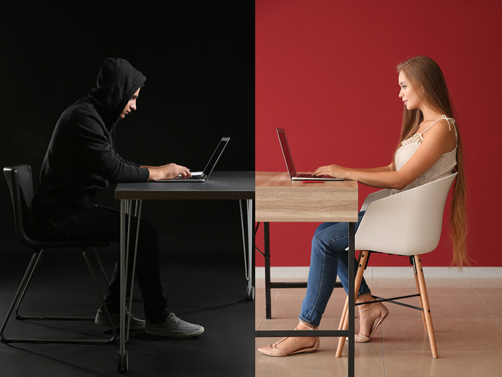 Geteiltes Bild: links Betrüger im Hoodie am Laptop im Dunkeln, rechts junge Frau am Laptop im Hellen