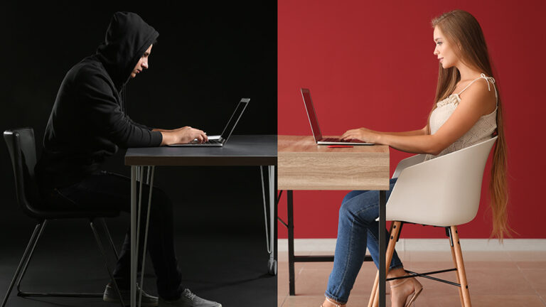 Geteiltes Bild: links Betrüger im Hoodie am Laptop im Dunkeln, rechts junge Frau am Laptop im Hellen