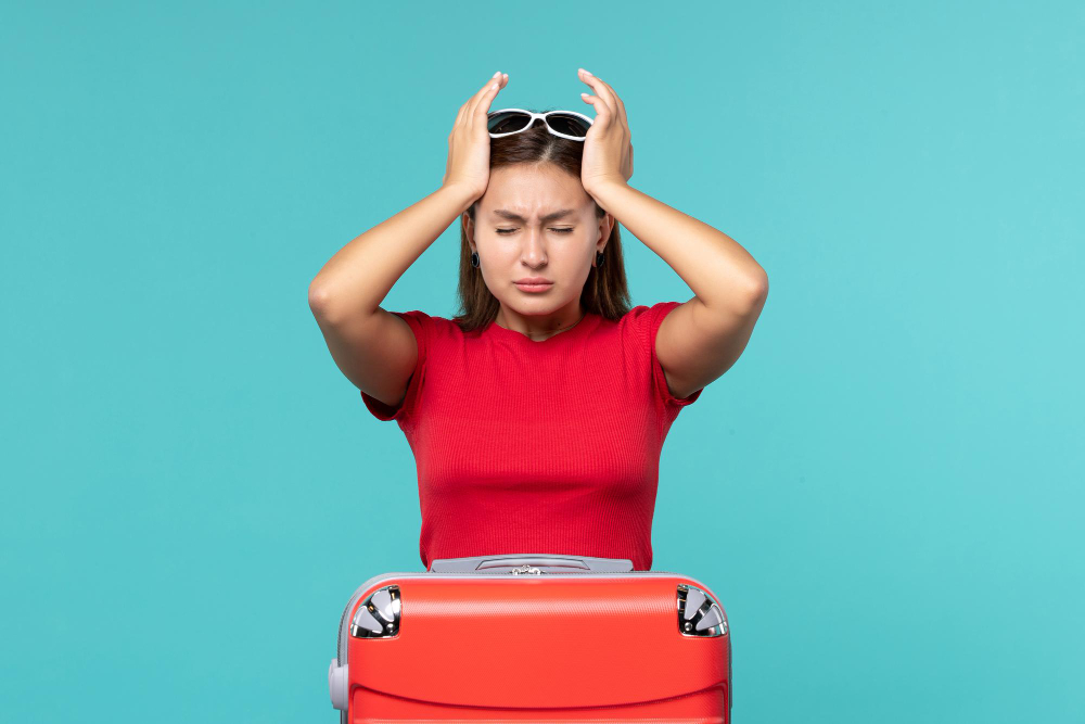 Gestresste Frau hält sich den Kopf, Koffer steht neben ihr – Symbolbild für Stress im Urlaub