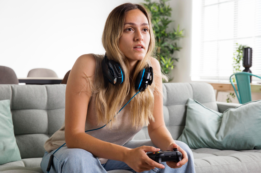 Eine junge Frau mit Kopfhörern um den Hals sitzt auf einem Sofa und spielt ein Videospiel mit einem Controller.